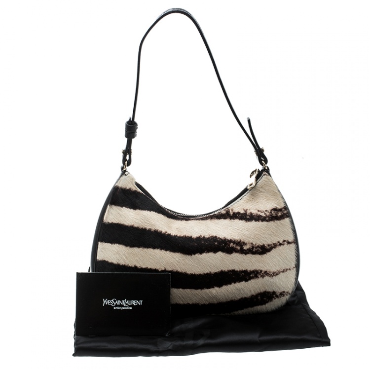 Pre Owned Saint Laurent Paris Black /Off White Zebra Print Pony Hair and Leather Hobo