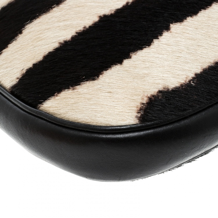 Pre Owned Saint Laurent Paris Black /Off White Zebra Print Pony Hair and Leather Hobo