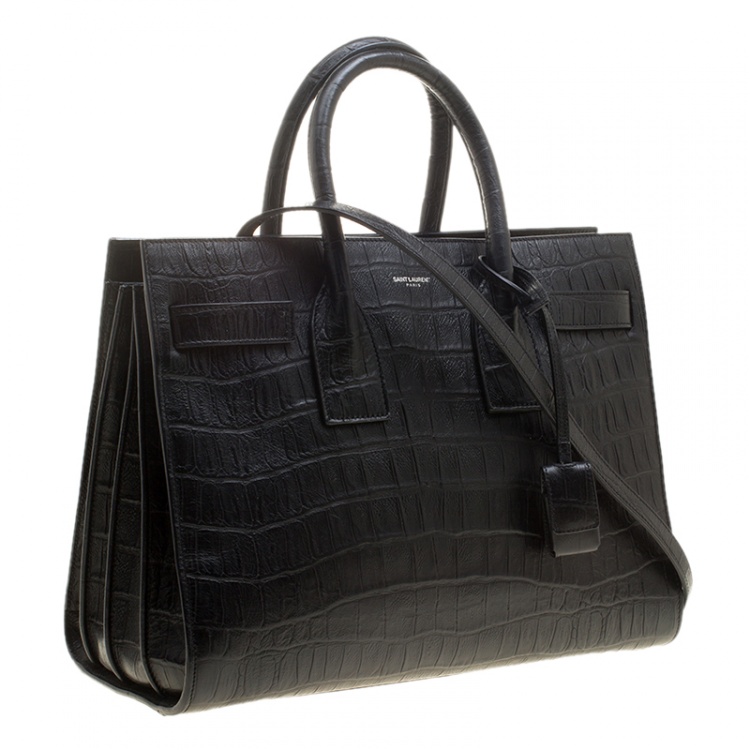 Pre Owned Saint Laurent Black Croc Embossed Leather Small Classic Sac De Jour Tote