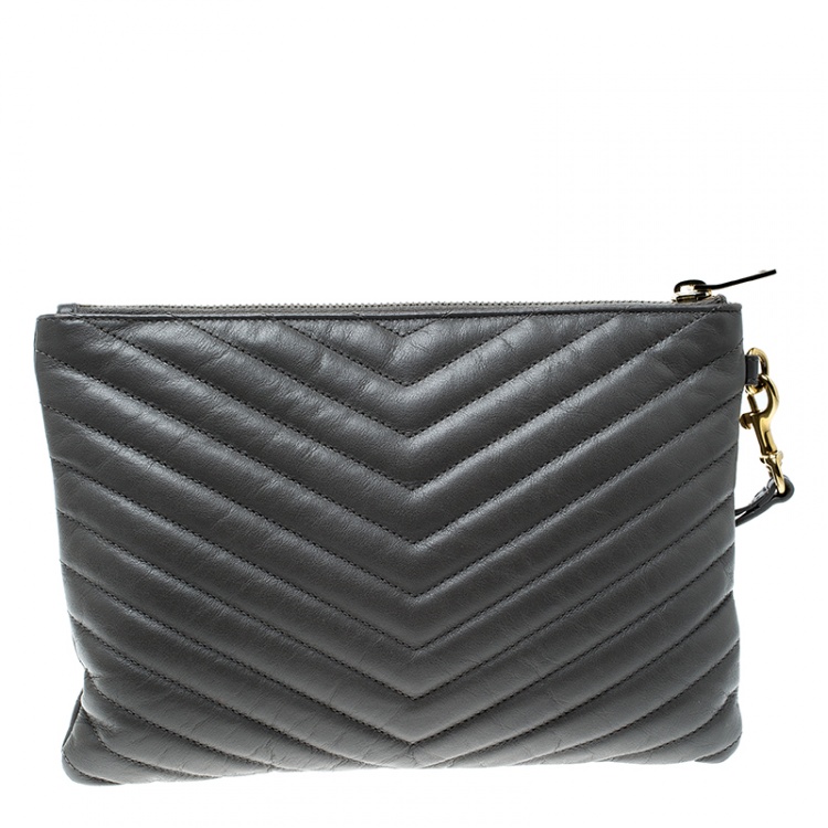 Pre Owned Saint Laurent Grey Matelasse Leather Monogram Wristlet Clutch 