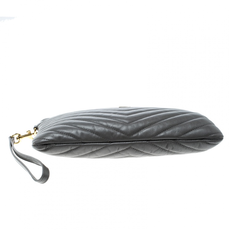 Pre Owned Saint Laurent Grey Matelasse Leather Monogram Wristlet Clutch 