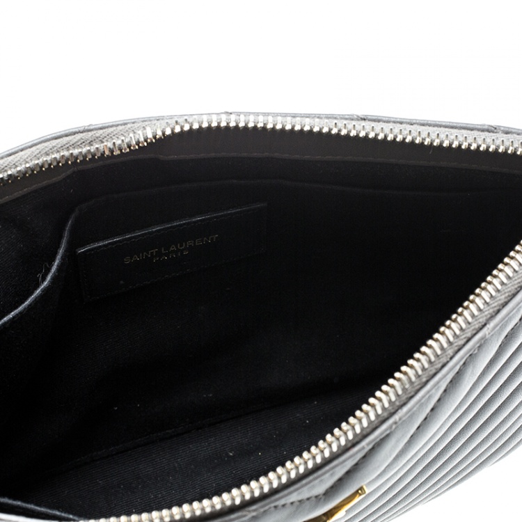 Pre Owned Saint Laurent Grey Matelasse Leather Monogram Wristlet Clutch 