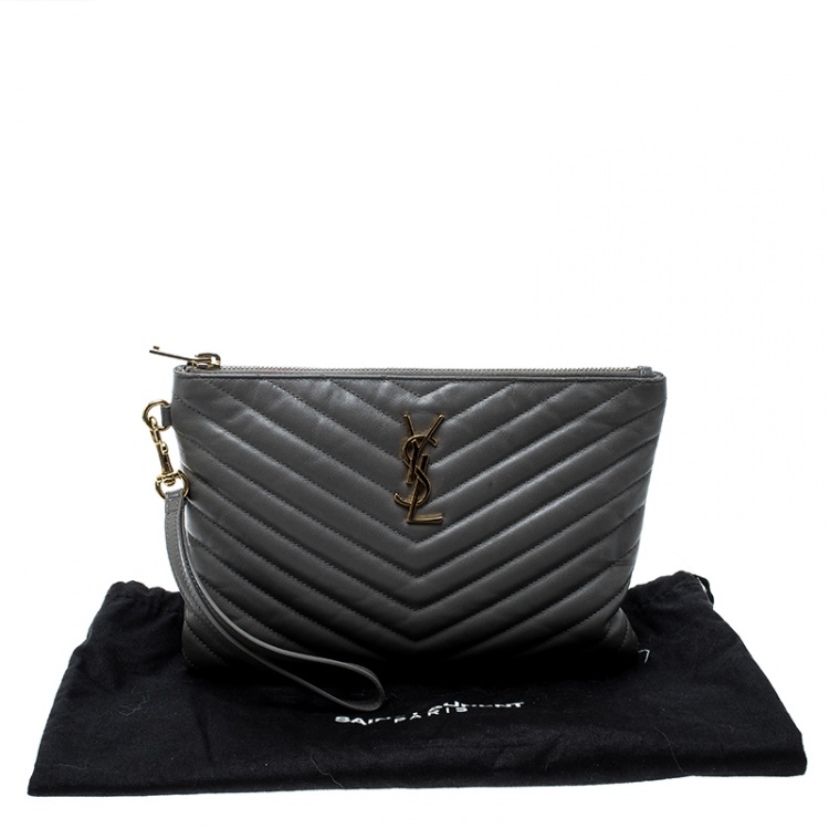 Pre Owned Saint Laurent Grey Matelasse Leather Monogram Wristlet Clutch 