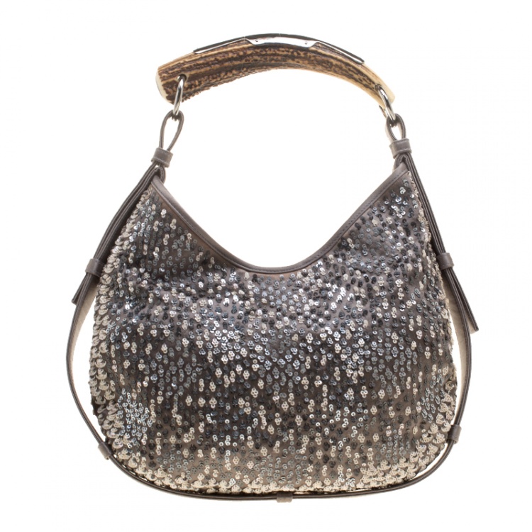 Pre Owned Saint Laurent Grey Sequins and Satin Mombasa Shoulder Bag