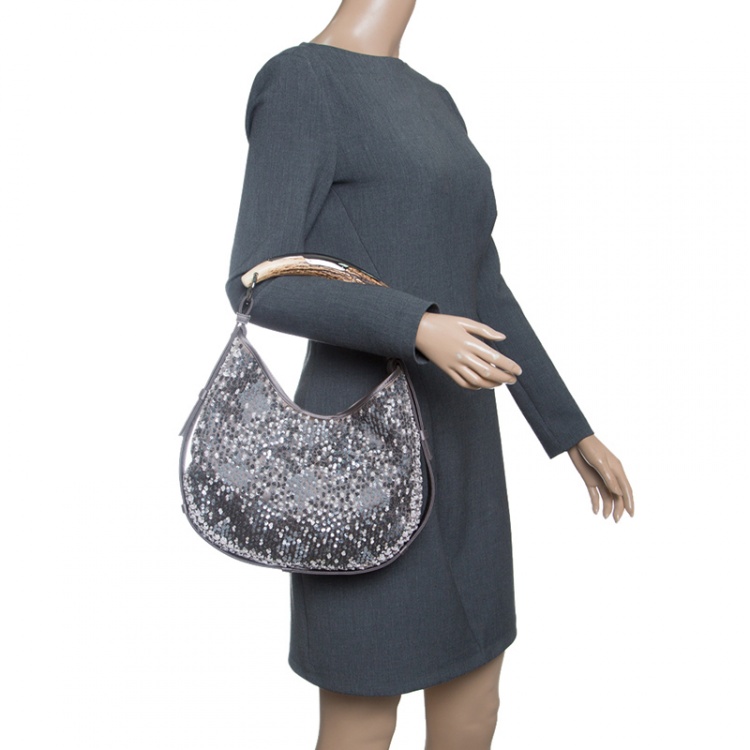 Pre Owned Saint Laurent Grey Sequins and Satin Mombasa Shoulder Bag