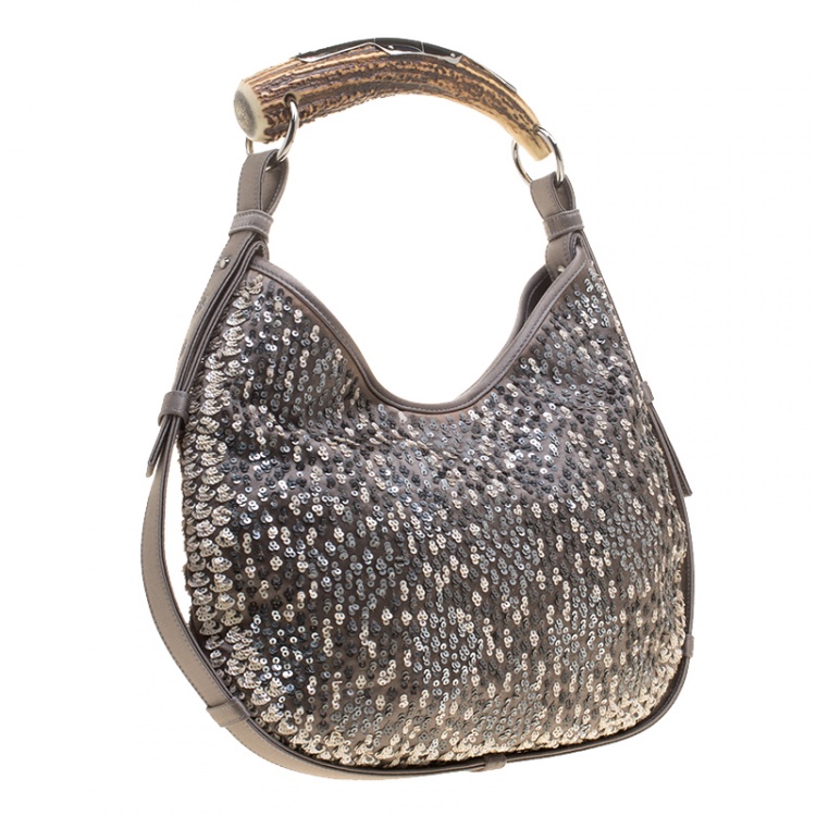 Pre Owned Saint Laurent Grey Sequins and Satin Mombasa Shoulder Bag