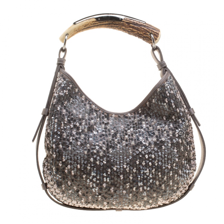 Pre Owned Saint Laurent Grey Sequins and Satin Mombasa Shoulder Bag