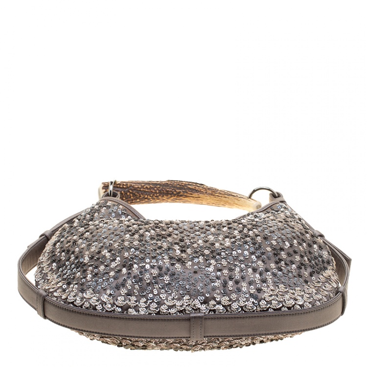 Pre Owned Saint Laurent Grey Sequins and Satin Mombasa Shoulder Bag