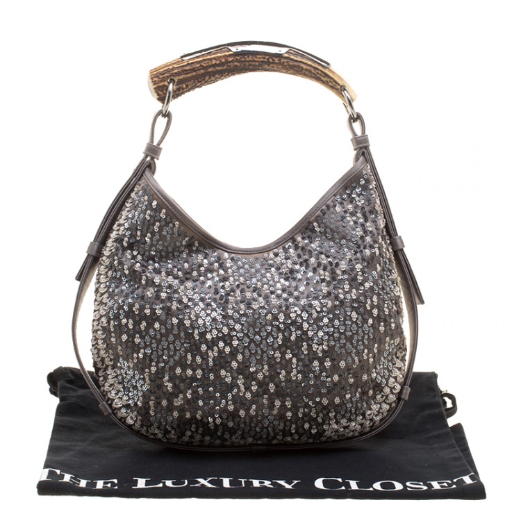 Pre Owned Saint Laurent Grey Sequins and Satin Mombasa Shoulder Bag