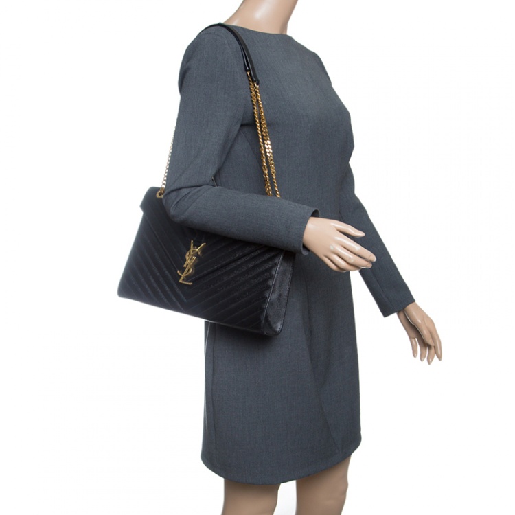 Pre Owned Saint Laurent Paris Black Matelasse Leather Large Cassandre Flap Bag