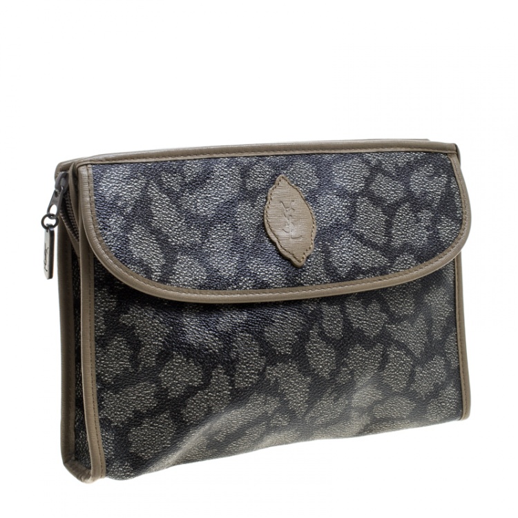 Pre Owned Saint Laurent Beige/Brown Printed Coated Canvas Cosmetic Pouch