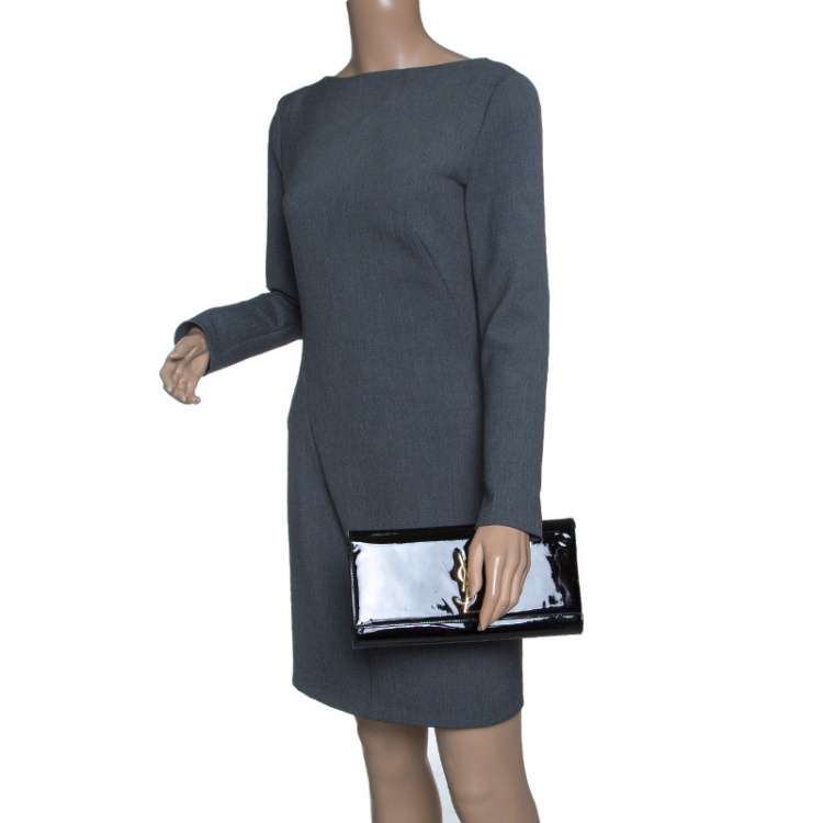 Pre Owned Saint Laurent Black Patent Leather Cassandre Clutch
