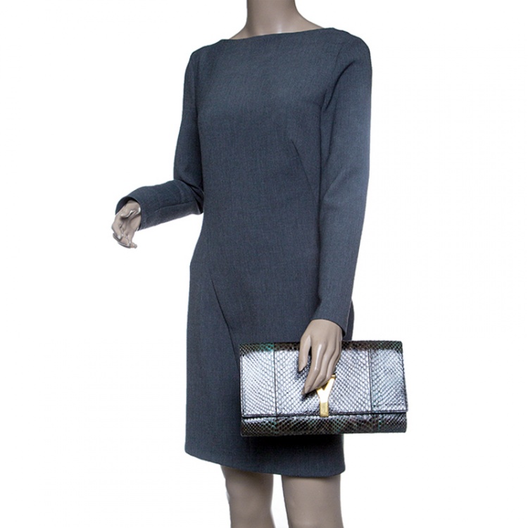 Pre Owned Saint Laurent Khaki Python Large Chyc Clutch
