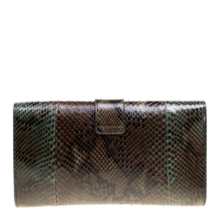 Pre Owned Saint Laurent Khaki Python Large Chyc Clutch
