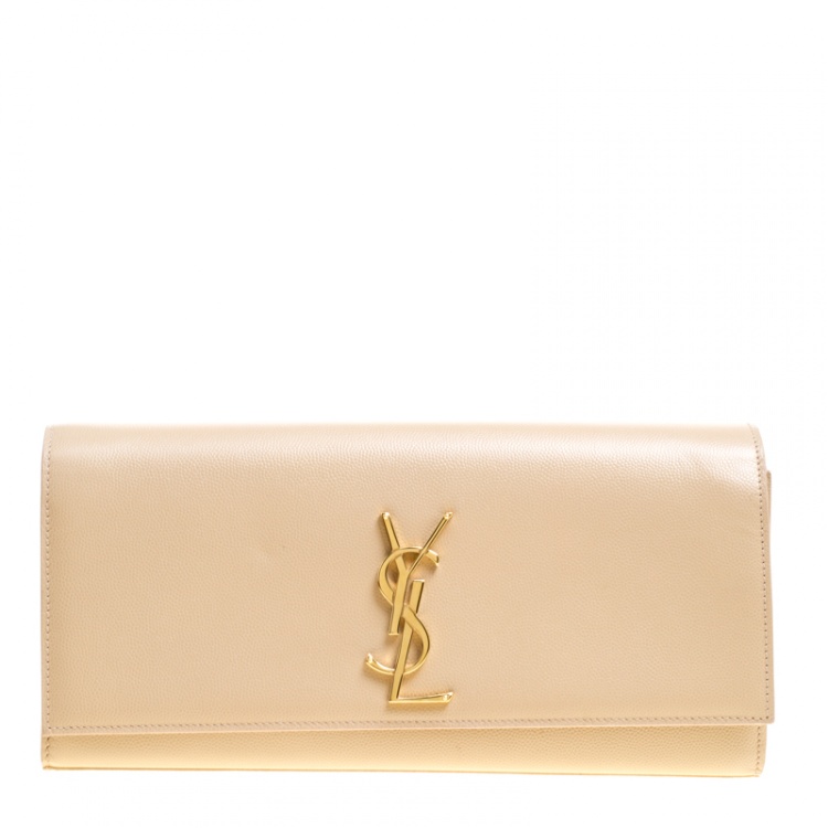 Pre Owned Saint Laurent Light Beige Leather Cassandre Clutch