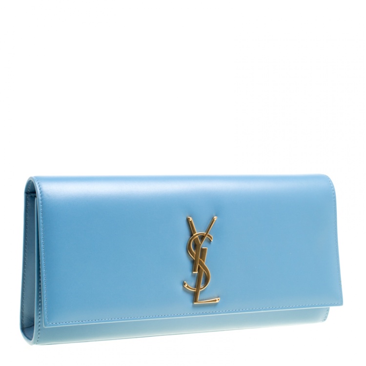 Pre Owned Saint Laurent Teal Blue Leather Cassandre Clutch