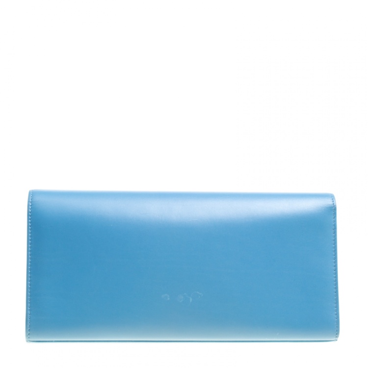 Pre Owned Saint Laurent Teal Blue Leather Cassandre Clutch