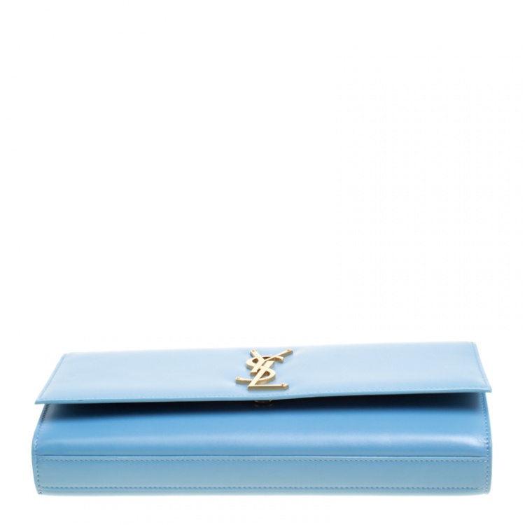 Pre Owned Saint Laurent Teal Blue Leather Cassandre Clutch
