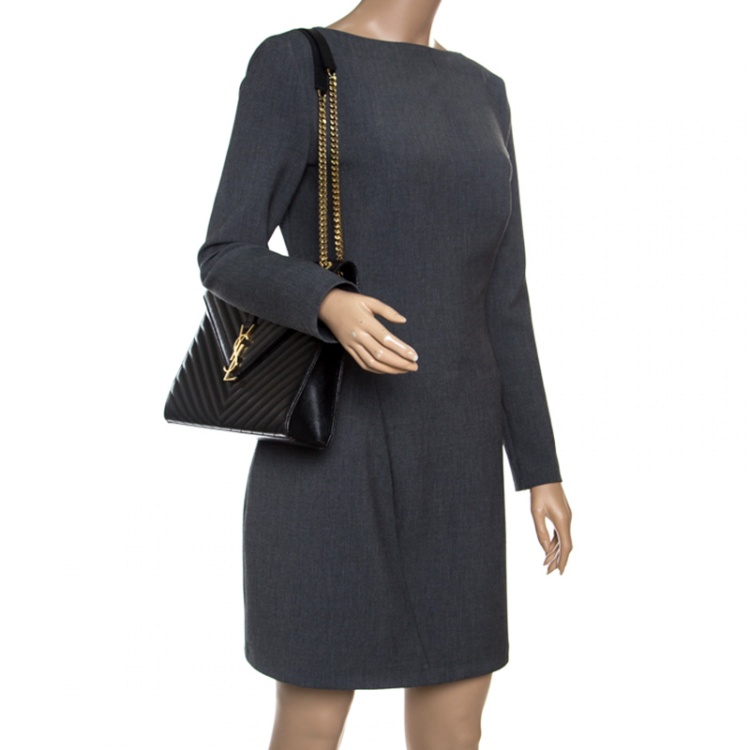 Pre Owned Saint Laurent Black Matelasse Leather Large Cassandre Flap Bag