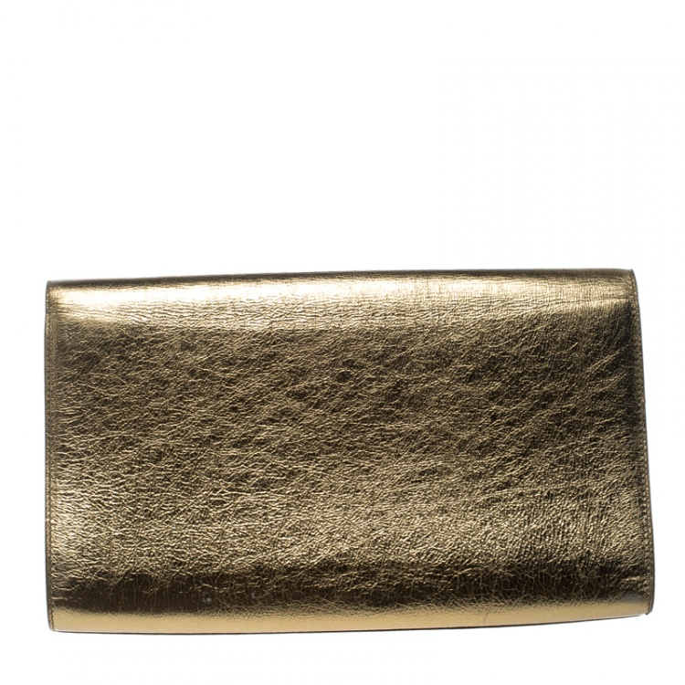 Pre Owned Saint Laurent Mettalic Gold Patent Leather Belle De Jour Flap Clutch