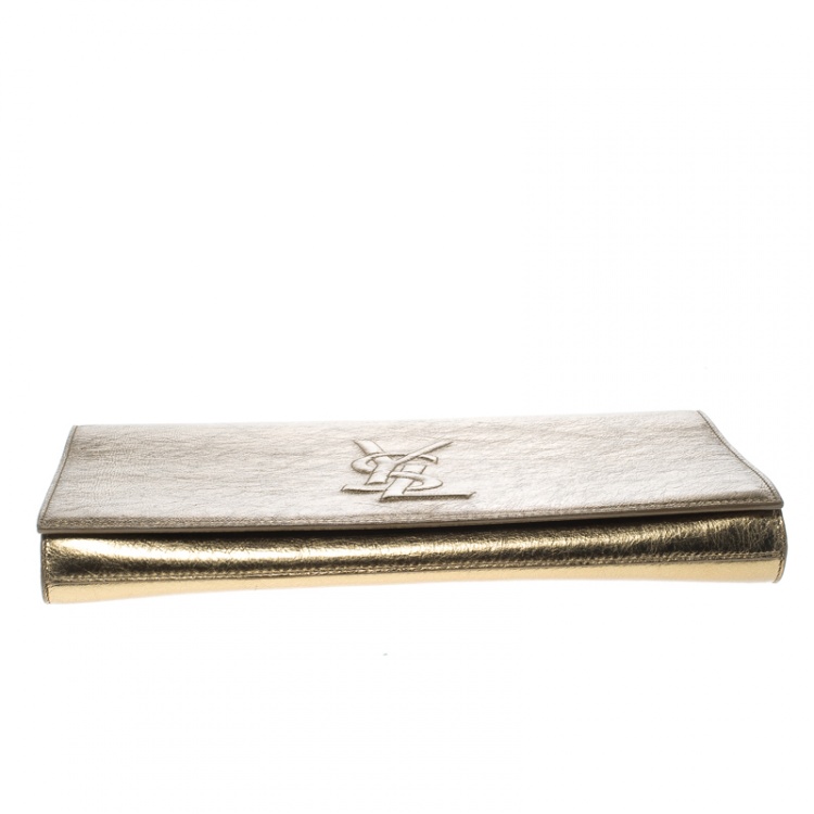 Pre Owned Saint Laurent Mettalic Gold Patent Leather Belle De Jour Flap Clutch