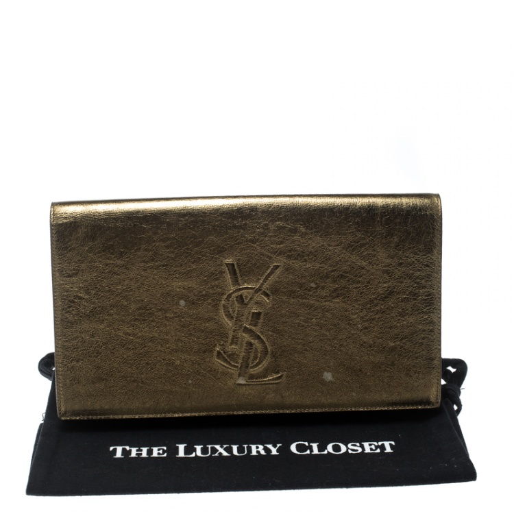 Pre Owned Saint Laurent Mettalic Gold Patent Leather Belle De Jour Flap Clutch