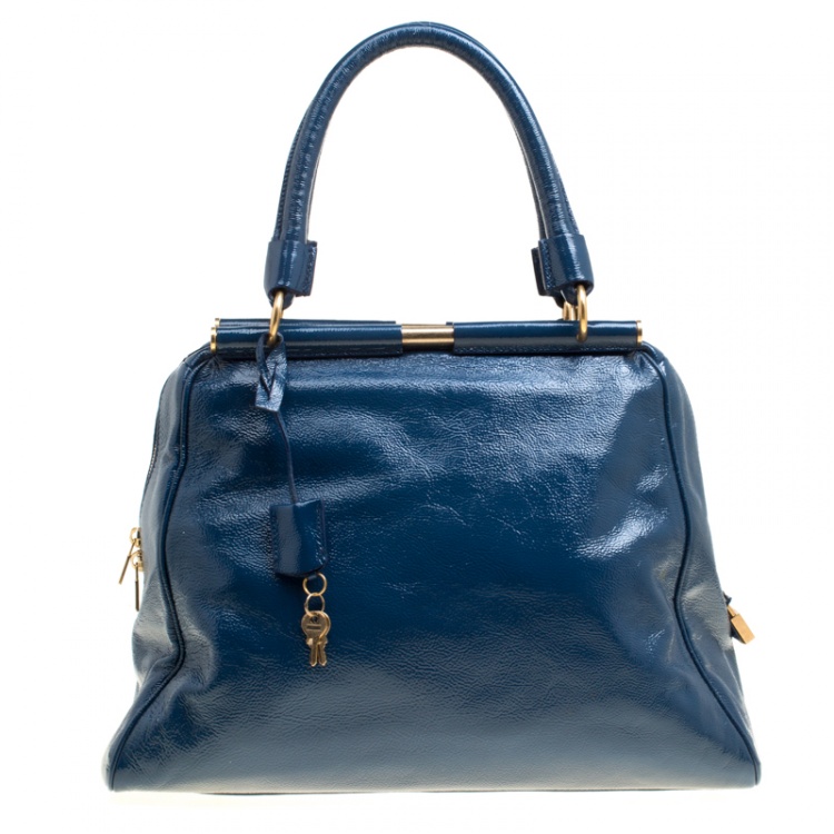 Pre Owned Saint Laurent Blue Patent Leather Medium Majorelle Satchel
