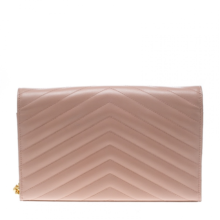 Pre Owned Saint Laurent Blush Pink Matelasse Leather Monogram Chain Clutch