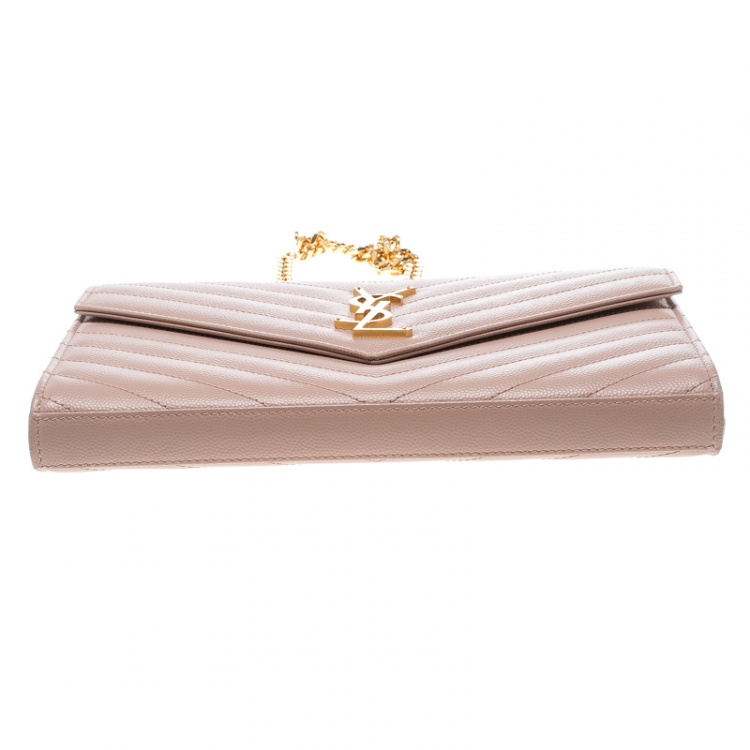 Pre Owned Saint Laurent Blush Pink Matelasse Leather Monogram Chain Clutch