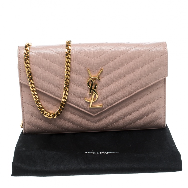 Pre Owned Saint Laurent Blush Pink Matelasse Leather Monogram Chain Clutch
