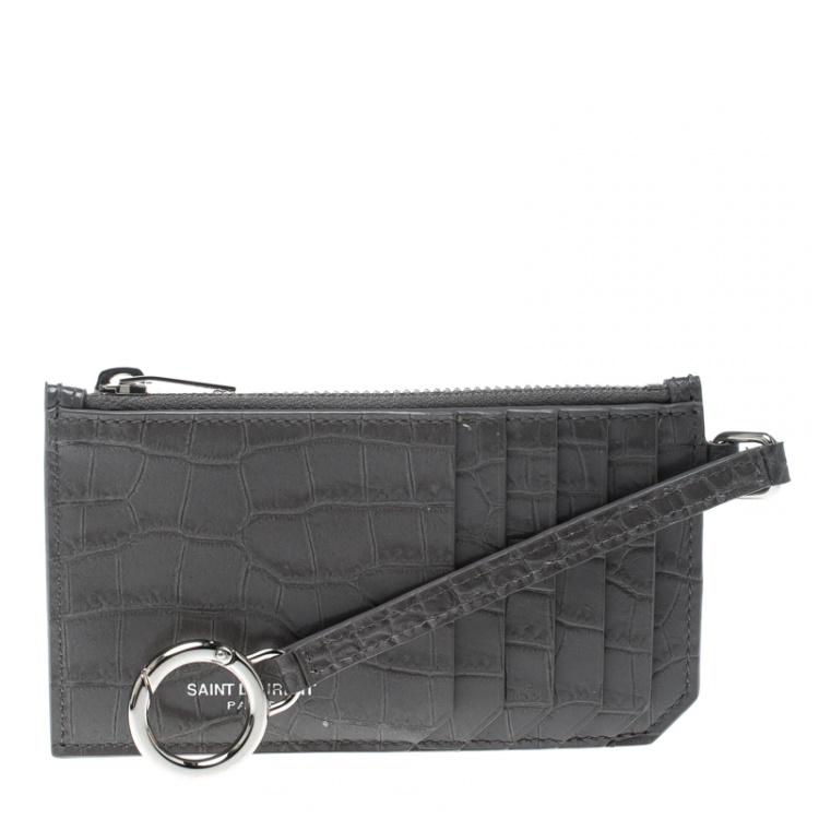 مملوكة مسبقًا Saint Laurent Grey Croc Embossed Card Holder 