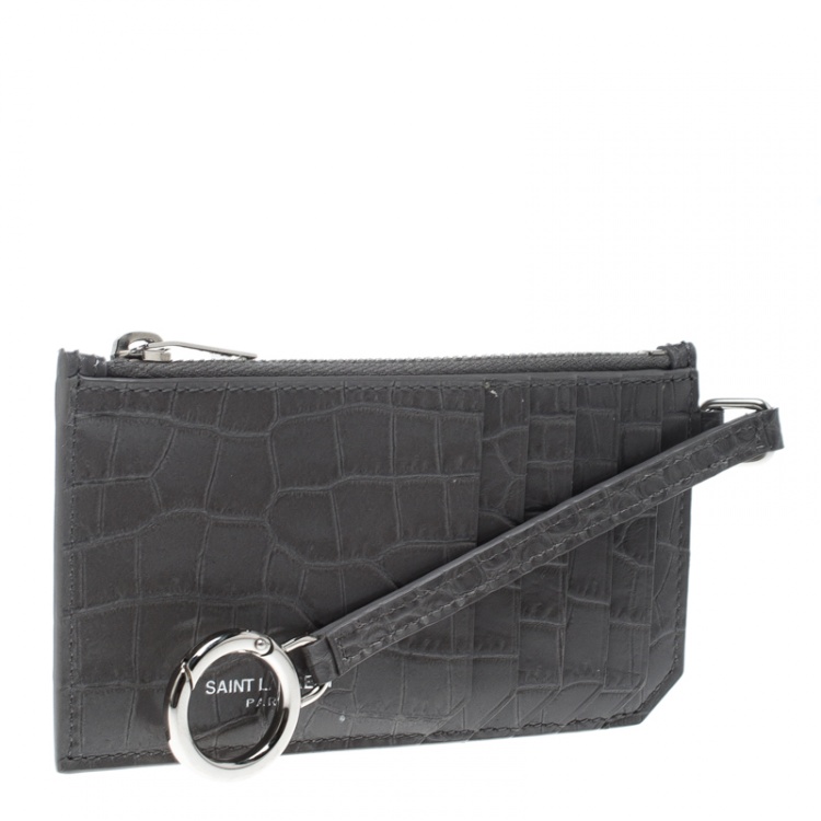 مملوكة مسبقًا Saint Laurent Grey Croc Embossed Card Holder 