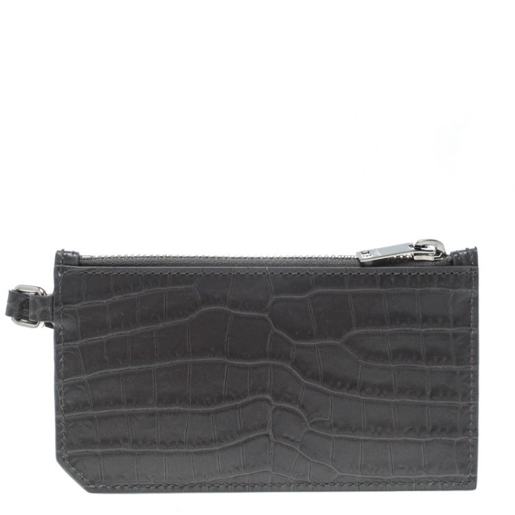 مملوكة مسبقًا Saint Laurent Grey Croc Embossed Card Holder 