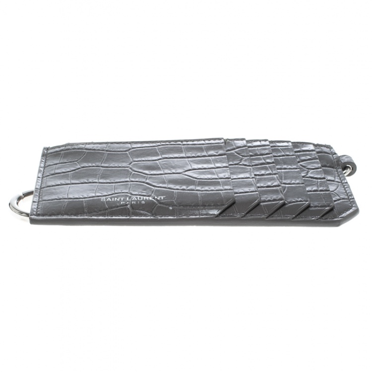 مملوكة مسبقًا Saint Laurent Grey Croc Embossed Card Holder 