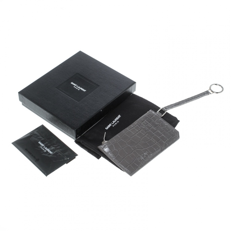 مملوكة مسبقًا Saint Laurent Grey Croc Embossed Card Holder 