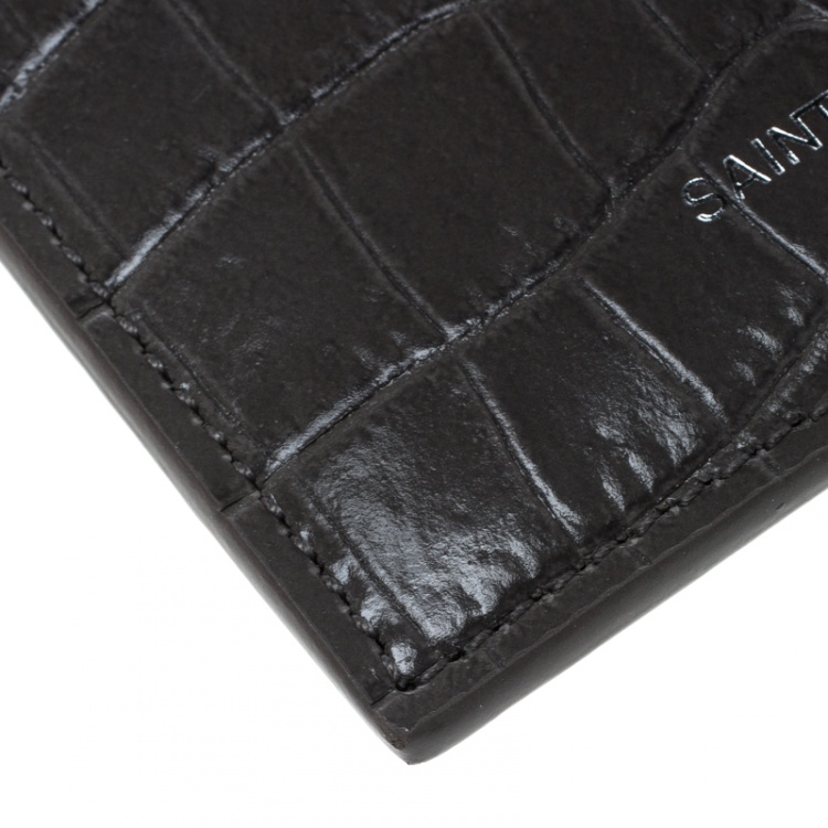 مملوكة مسبقًا Saint Laurent Grey Croc Embossed Card Holder 
