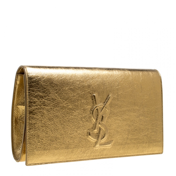 Pre Owned Saint Laurent Gold Leather Belle De Jour Flap Clutch