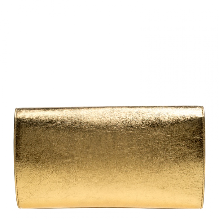 Pre Owned Saint Laurent Gold Leather Belle De Jour Flap Clutch