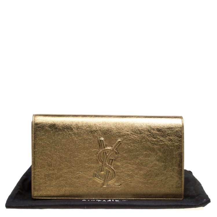 Pre Owned Saint Laurent Gold Leather Belle De Jour Flap Clutch