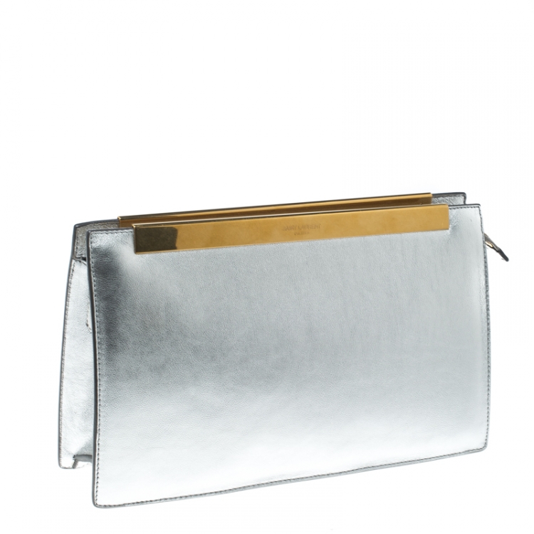Pre Owned Saint Laurent Paris Metallic Silver Leather Lutetia Clutch