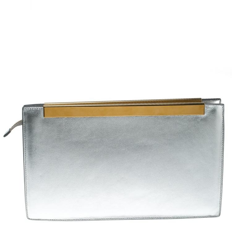 Pre Owned Saint Laurent Paris Metallic Silver Leather Lutetia Clutch