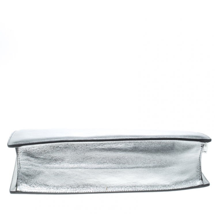Pre Owned Saint Laurent Paris Metallic Silver Leather Lutetia Clutch
