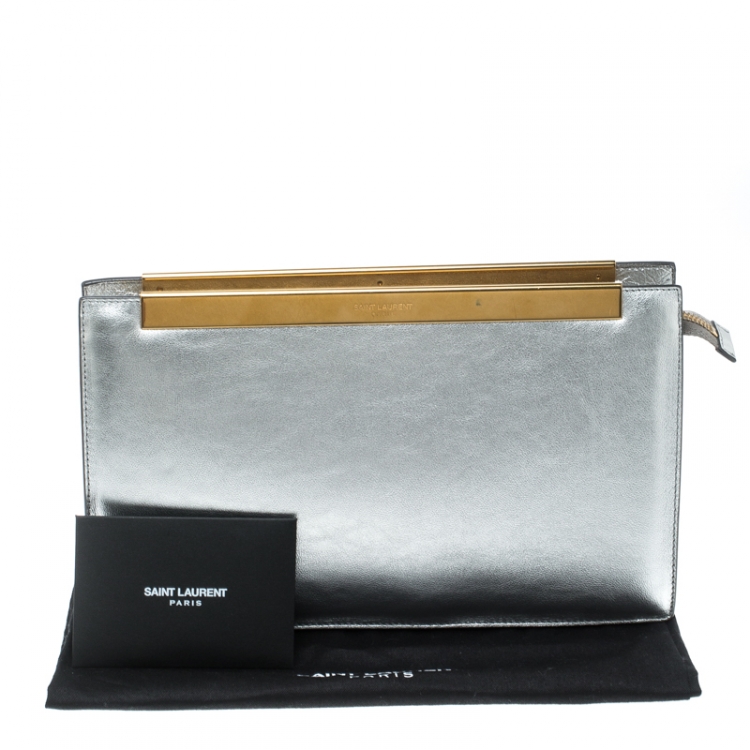 Pre Owned Saint Laurent Paris Metallic Silver Leather Lutetia Clutch
