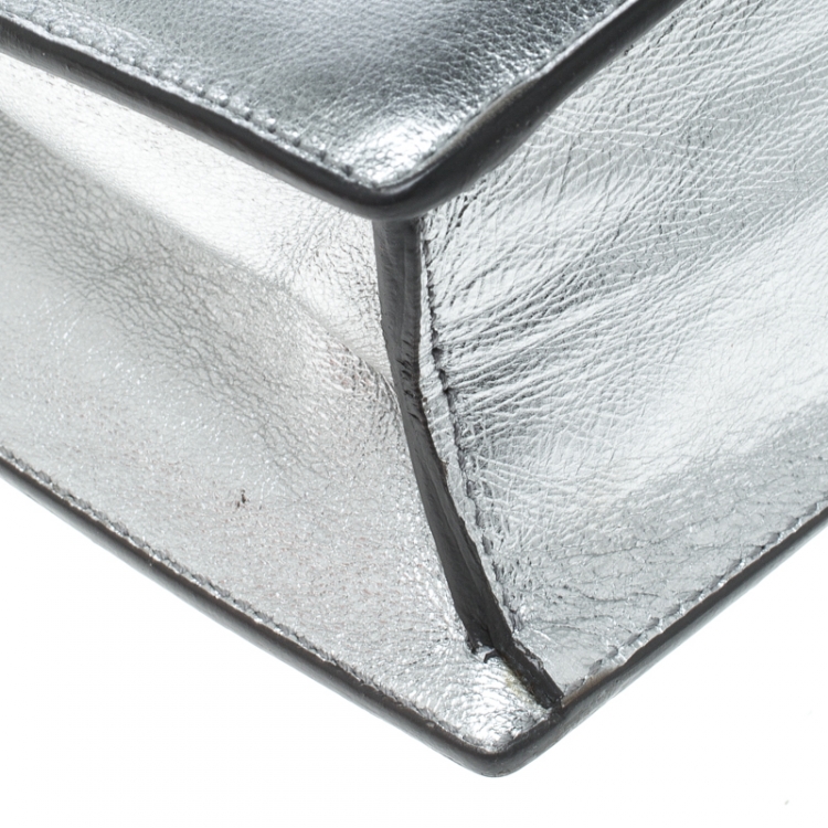 Pre Owned Saint Laurent Paris Metallic Silver Leather Lutetia Clutch