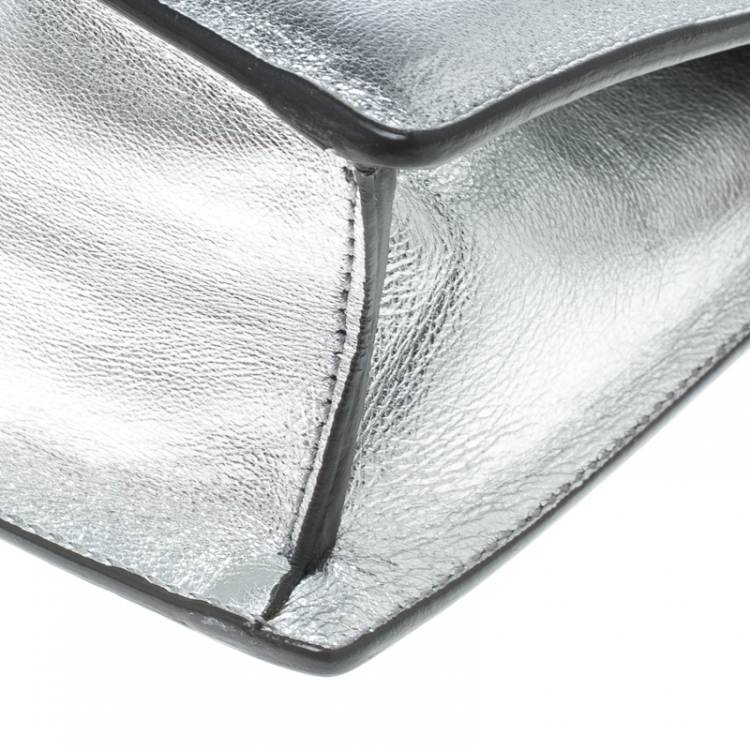 Pre Owned Saint Laurent Paris Metallic Silver Leather Lutetia Clutch
