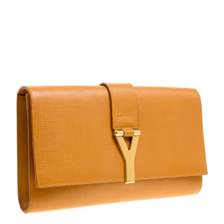 Pre Owned Saint Laurent Tan Leather Belle De Jour Flap Clutch