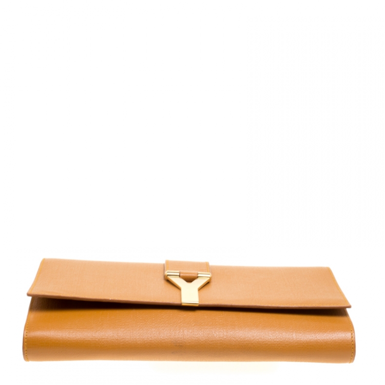 Pre Owned Saint Laurent Tan Leather Belle De Jour Flap Clutch