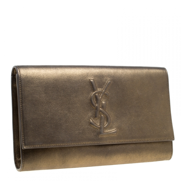 Pre Owned Saint Laurent Metallic Olive Green Leather Belle De Jour Flap Clutch