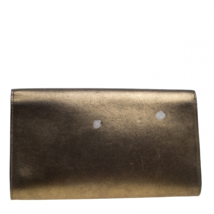 Pre Owned Saint Laurent Metallic Olive Green Leather Belle De Jour Flap Clutch
