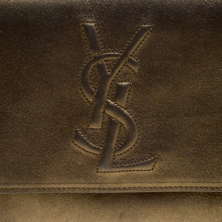 Pre Owned Saint Laurent Metallic Olive Green Leather Belle De Jour Flap Clutch